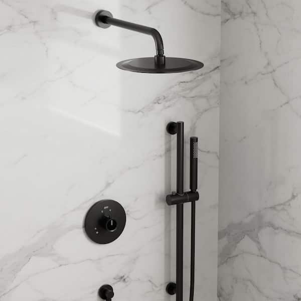 GRANDJOY Classicrain 10 in. Dual 2-Spray Round Wall Bar Shower Kit Handheld 2.5 GPM w/ Sliding Bar in Matte Black Valve Included