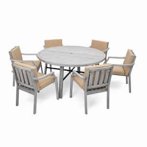 Antique Gray 7-Piece Wood Outdoor Dining Set with Light Brown Cushion and Umbrella Hole