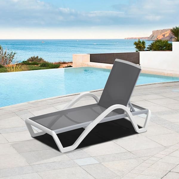 Kahomvis White 1-Piece Metal Outdoor Chaise Lounge, Aluminum Framed Patio Fabric Chair with Adjustable Backrest in Grey