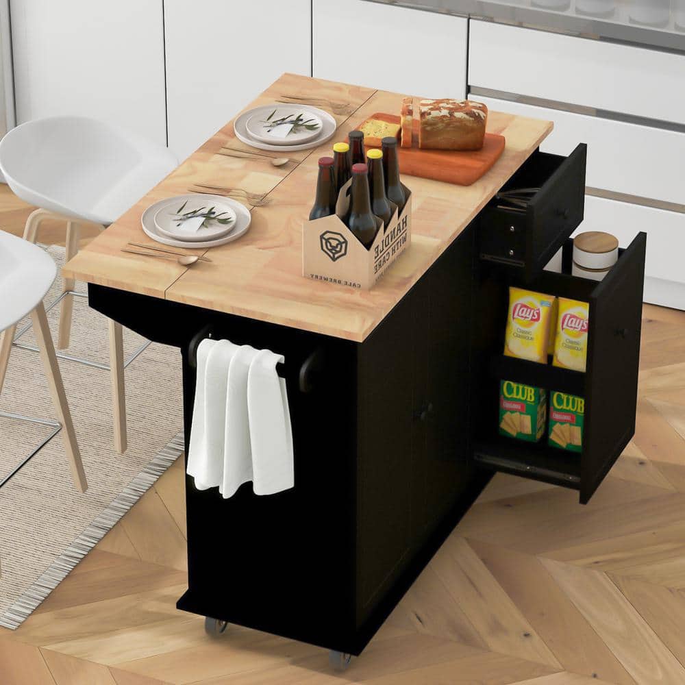 Black Rubberwood Drop Leaf 54 in. Kitchen Island Cart with 3-Tier Pull Out 