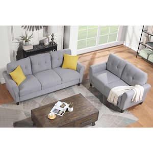 79.9 in. Square Arm Linen Rectangle Sofa with 2 Plus 3-Seat in Light Grey-Blue