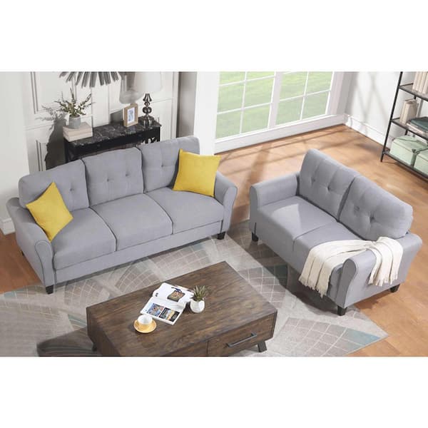 Polibi 79.9 in. Square Arm Linen Rectangle Sofa with 2 Plus 3-Seat in Light Grey-Blue