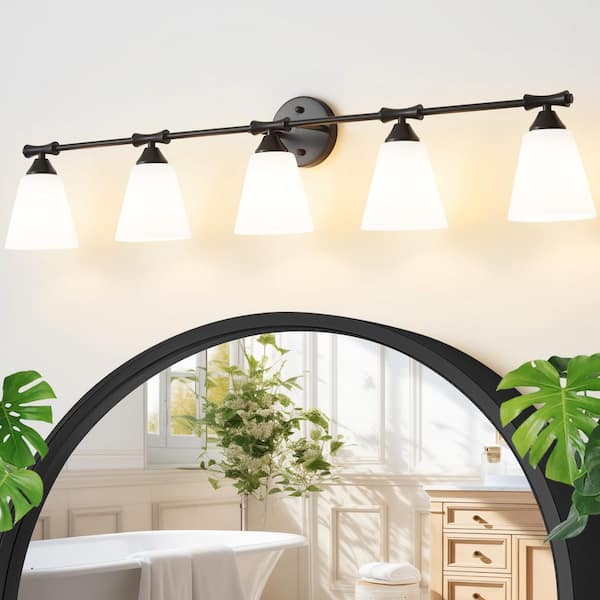 Deyidn 43.54 in. 5-Lights Black Bathroom Vanity Light Fixture with Opal Frosted Glass Shade