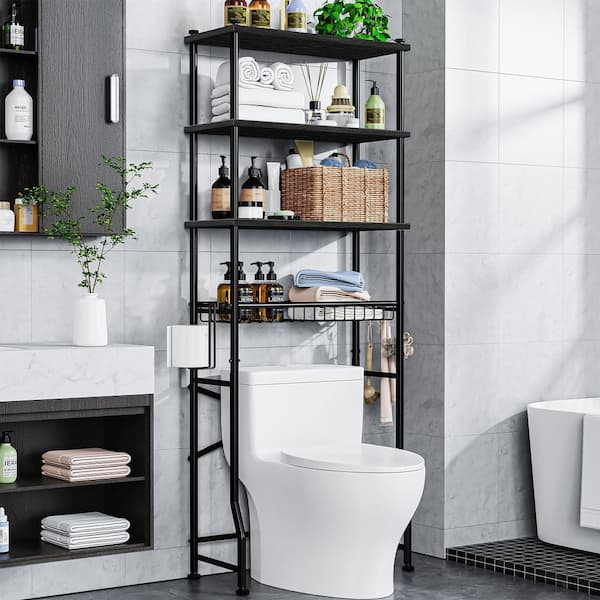 Black 4-Tier Bathroom Over-The-Toilet Storage Shelf Basket, Multifunctional Space Saver Freestanding Bathroom Shelves