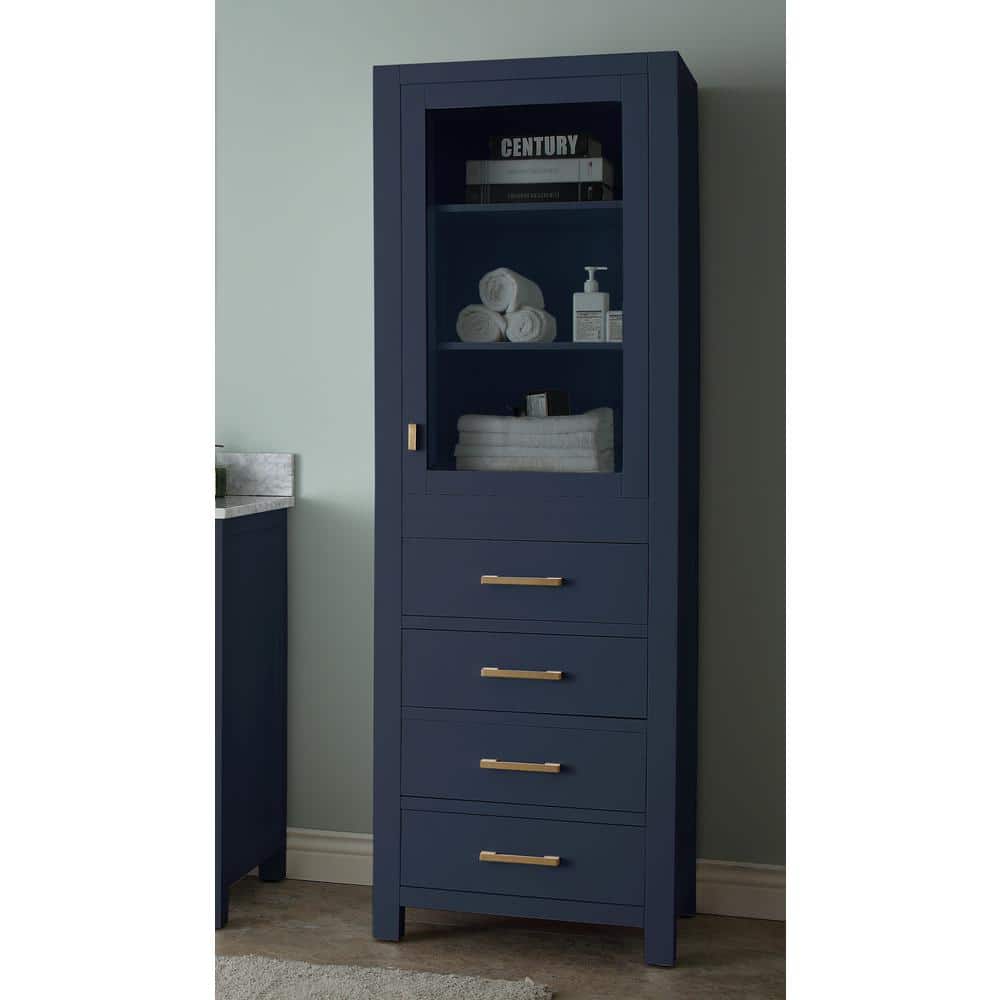 Navy Blue Poplar Wood Freestanding Bathroom Linen Cabinet with Adjustable Shelving