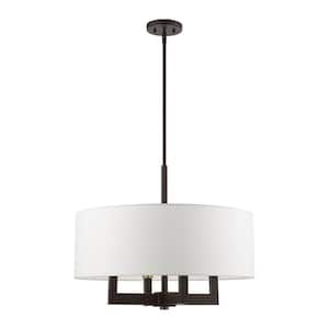 Cresthaven 4-Light Bronze Pendant Chandelier with Antique Brass Accents and An Off-White Fabric Shade