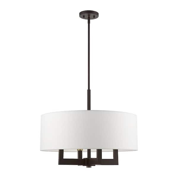 Livex Lighting Cresthaven 4-Light Bronze Pendant Chandelier with Antique Brass Accents and An Off-White Fabric Shade