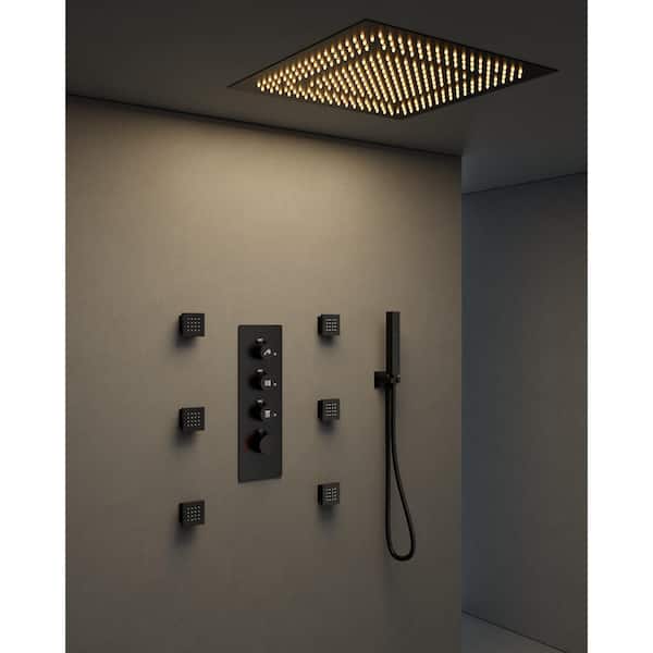 yawwalk Thermostatic Valve 7-Spray 20 in. Ceiling Mount LED Mood Lighting Dual Shower Head and Handheld Shower in Matte Black