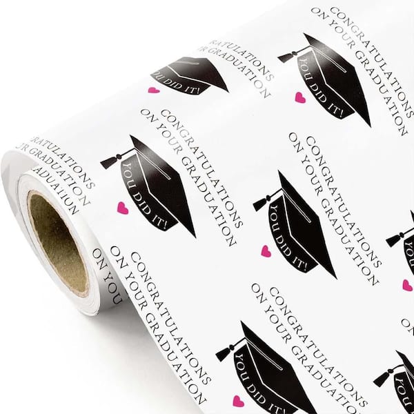 N/A Graduation Wrapping Paper Mini Roll Black Trencher Cap Design 17 in. x 16.5 ft. Perfect for Party Celebration