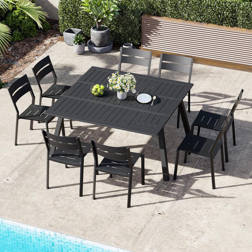Black 9-Piece Aluminum Outdoor Dining Set with 57 in. Extension and Stackable Chair price history on PriceWatchPro