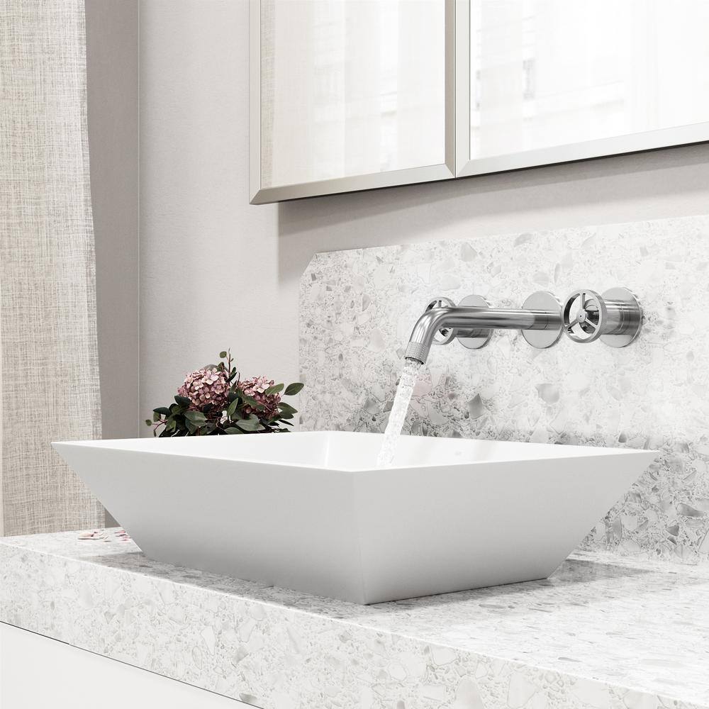 Sleek White Matte Stone 18" Rectangular Vessel Bathroom Sink Set