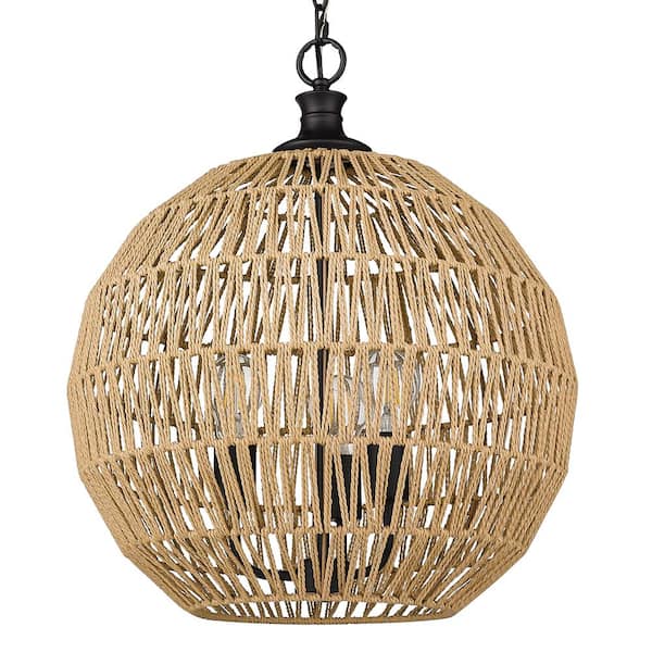 Golden Lighting Florence 3-Light Matte Black Globe Pendant with Natural Raphia Rope Shade