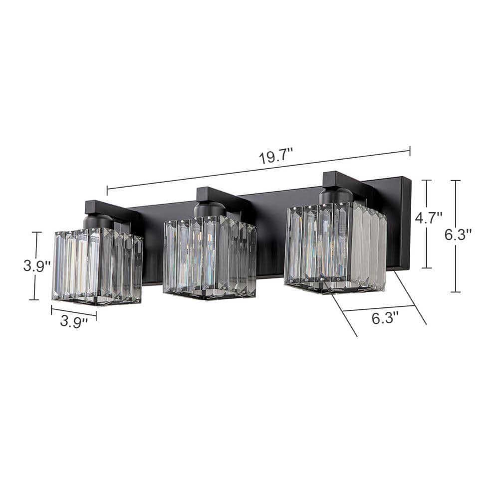 Black Metal 3-Light Vanity Fixture with Crystal Cube Shades