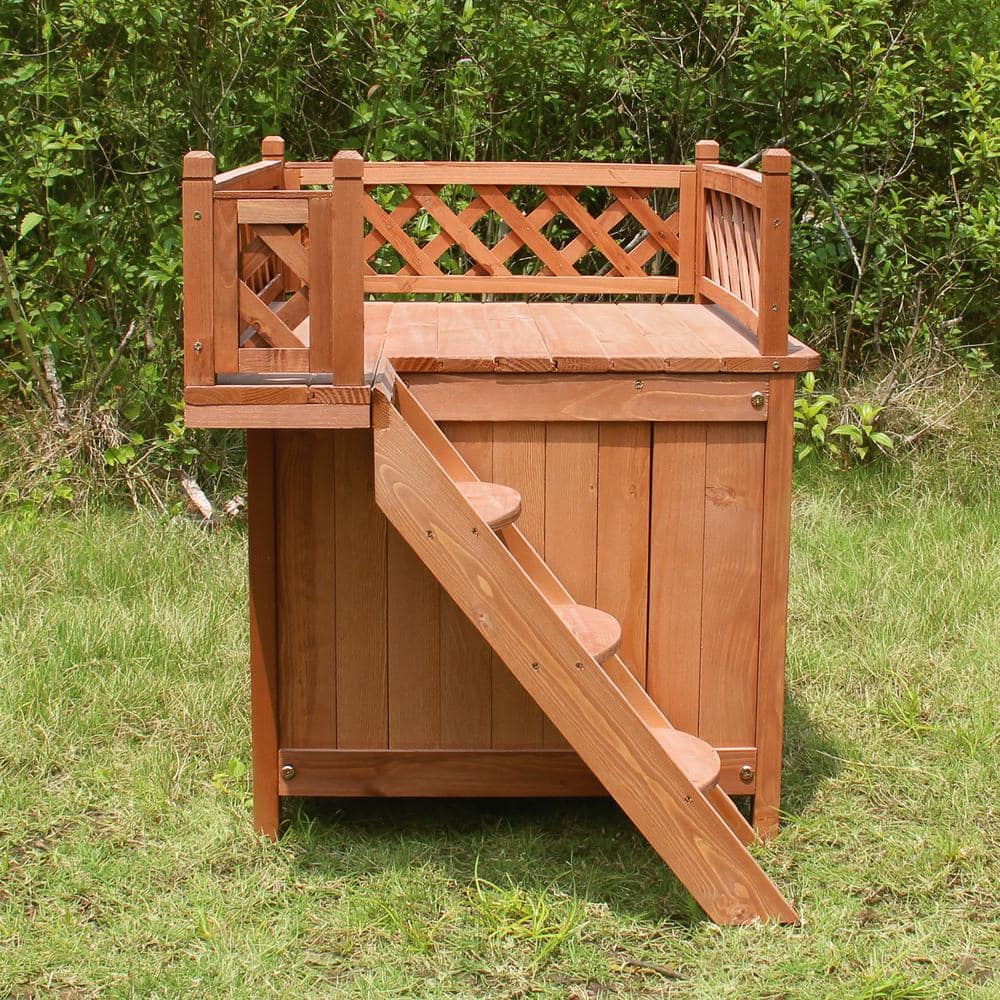 Small Cedar Stain Wooden Dog House with Rooftop Balcony