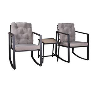 3-Piece Metal Patio Conversation Sets with Rocking Chair and Gray Cushion