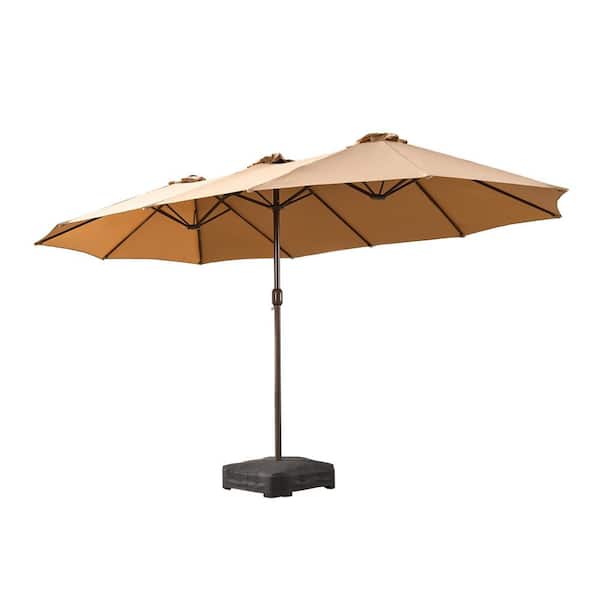 15 ft. x 9 ft. Rectangular Metal Double-Sided Market Patio Umbrella with Base and Crank in Khaki