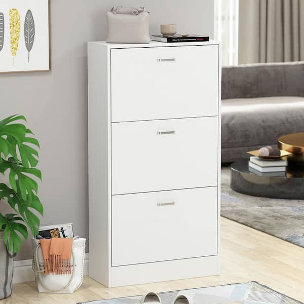Wooden Shoe Cabinet for Entryway, White Shoe Storage Cabinet with 2 Flip Doors 20.94x9.45x43.11 inch