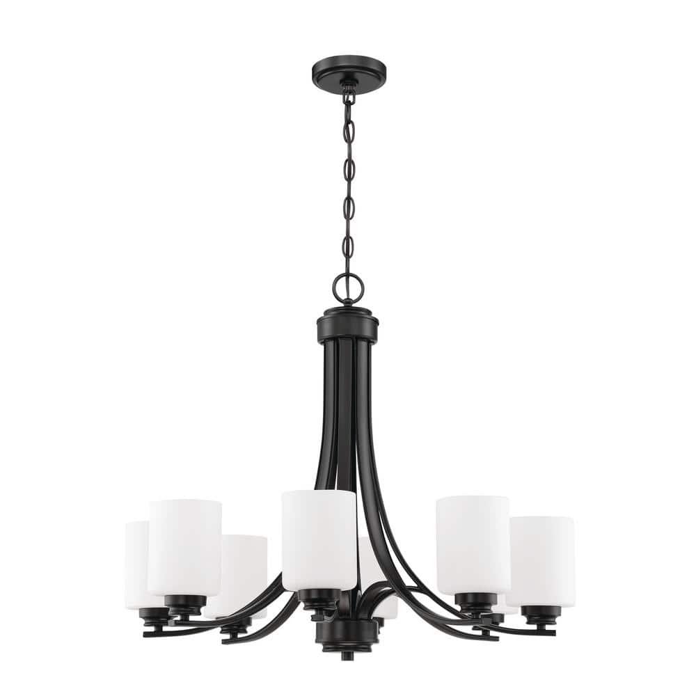 Flat Black Transitional 8-Light Chandelier with White Cylinder Shades