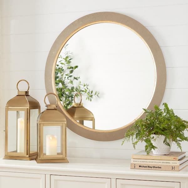 Home Decorators Collection Medium Round Grey Farmhouse Accent Mirror with Gold Inlay (36 in. Diameter)