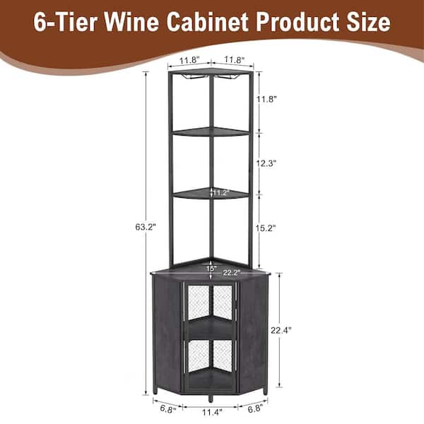 6-Tier Corner Shelf with LED and Charging Station, 63 in. Tall Cabinet Organizer for Small Spaces, Gray Narrow Bookshelf