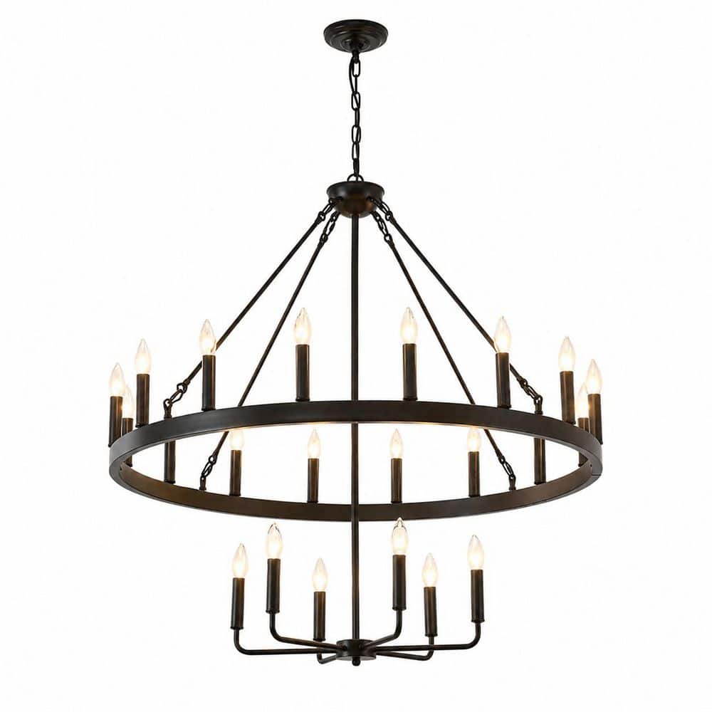 40 in. 2 Tier 22-Light Matte Black Wagon Wheel Round Pendant Chandelier Adjustable Height (Bulbs Not Included) price history on PriceWatchPro