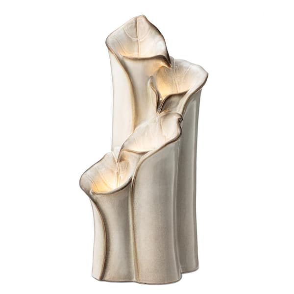 Glitzhome 31.25 in. H Outdoor 4-Tiered Sand Beige Lotus Leaf Textured Ceramic Pots Water Floor Fountain with Pump and LED Light