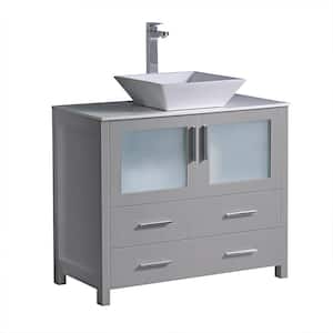 Torino 36 in. Bath Vanity in Gray with Glass Stone Vanity Top in White with White Vessel Sink