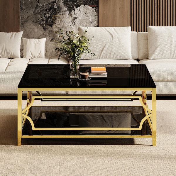 JUJABU 33.5 in. Black Square Glass Coffee Table with Gold Finish