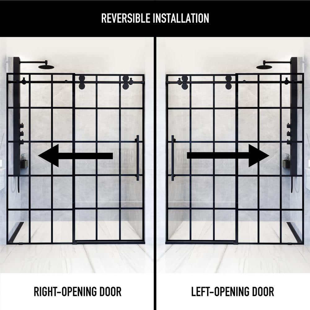Elan 68-72" Matte Black Frameless Sliding Shower Door with Clear Grid Glass
