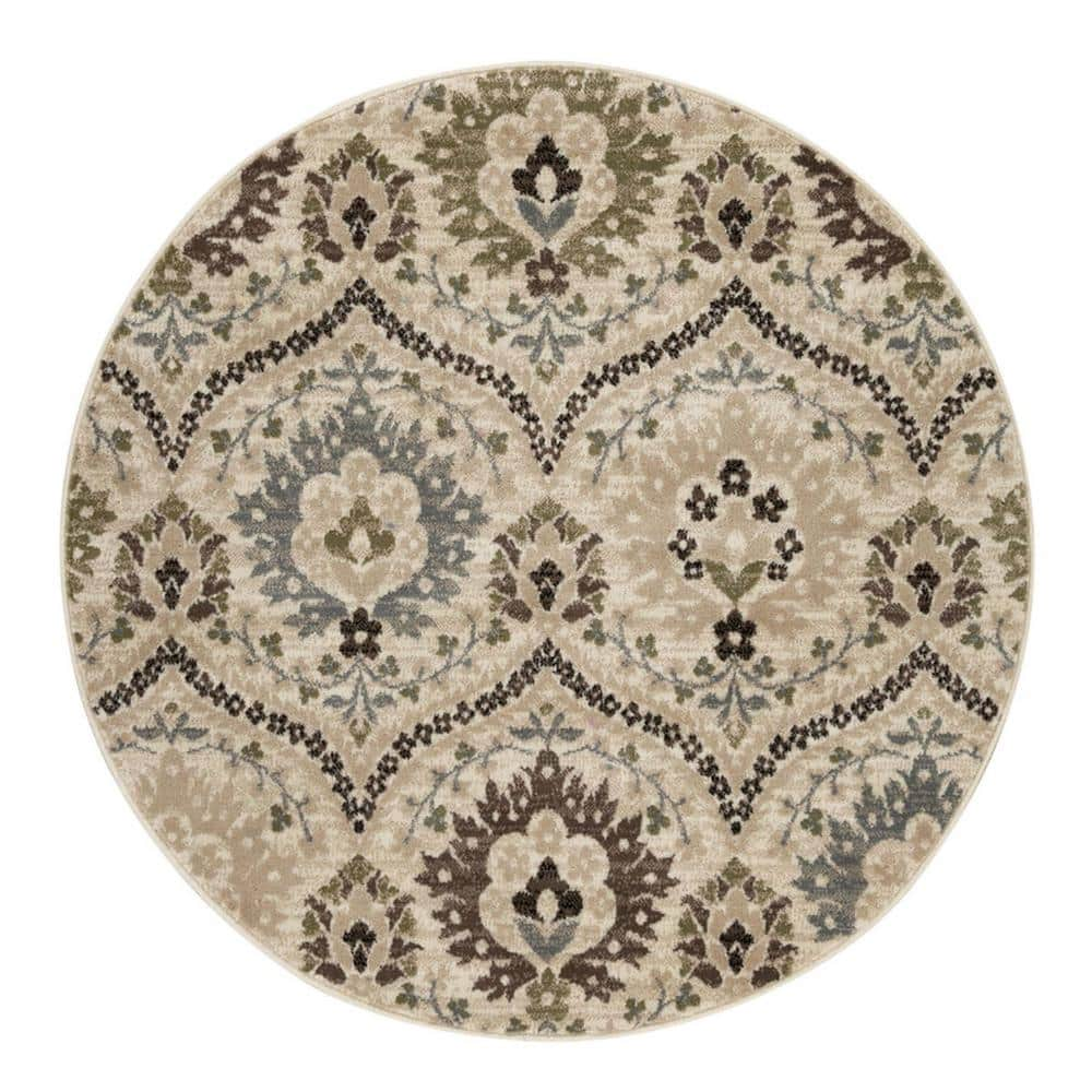 HomeRoots 8' Round Ivory Gray And Olive Round Floral Stain Resistant ...