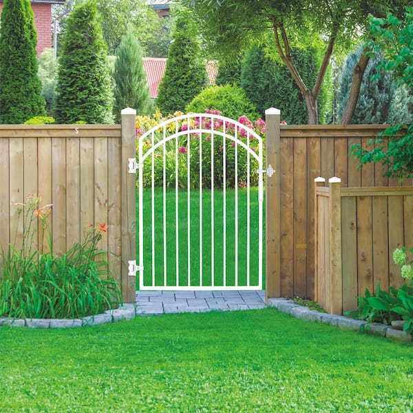 Glossy White Arched Coral Steel Gate (45 in. W x 56 in. H) with Self-Close Hardware, Double-Sided Handle, and 2x2 Hinges