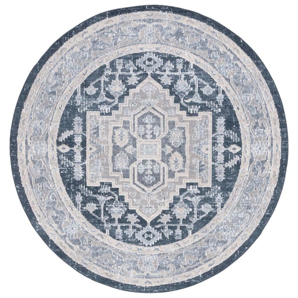 Blair Beige/Navy 7 ft. x 7 ft. Machine Washable Medallion Border Floral Round Area Rug
