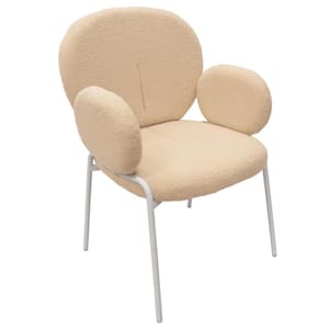 Celestial Modern Boucle Dining Chair with Arms in White Powder Coated Iron Frame, Beige
