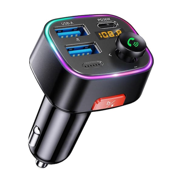 Ahfiwaso Bluetooth 5.4 FM Transmitter Car Adapter with LED Light, HiFi Bass, 48-Watt Fast Charging and Hands-Free Calling, Black