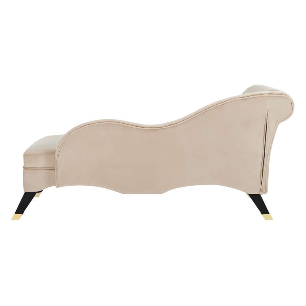 Transitional Tan Velvet Chaise with Espresso Wood Legs and Pillow