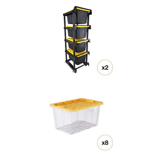 4-Tier Plastic Shelving Tote Stacker with Casters and 27 Gal. Tough Storage Tote in Clear with Yellow Lid (2-Piece Set)