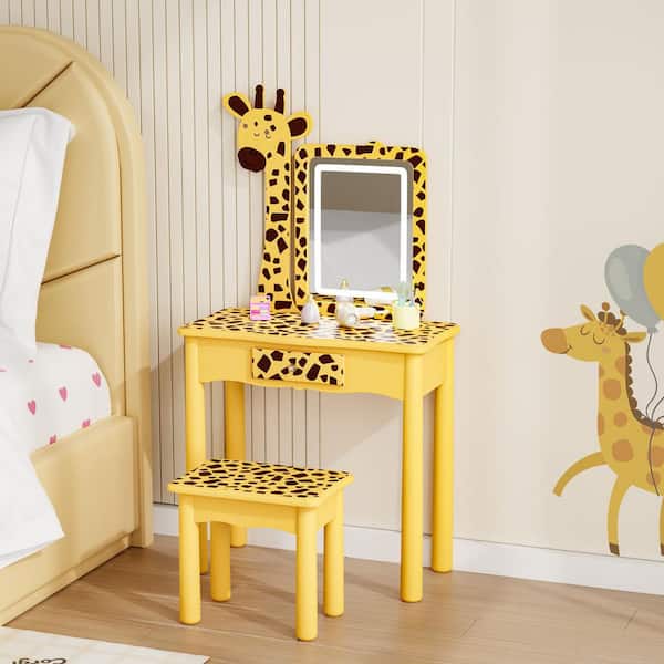 2-Piece Yellow Makeup Vanity Set Kids Giraffe Vanity Table Set with 3-Color LED Light and Storage Drawer