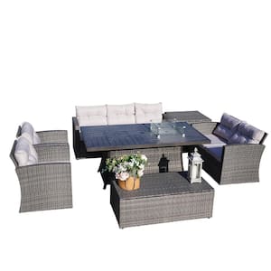 ELLE Gray 7-Piece Wicker Patio Fire Pits Table Patio Conversation Sofa Set with Gray Cushions