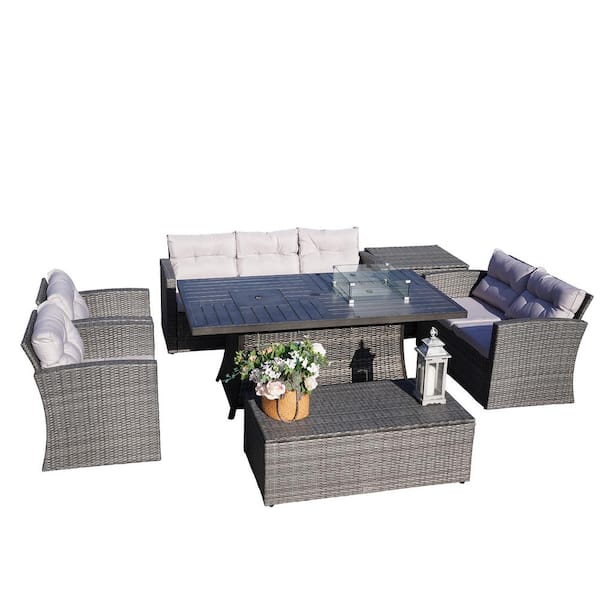 DIRECT WICKER ELLE Gray 7-Piece Wicker Patio Fire Pits Table Patio Conversation Sofa Set with Gray Cushions