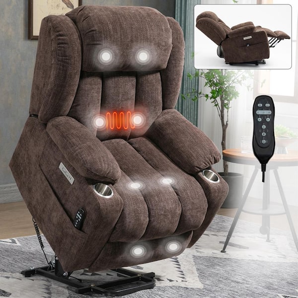 Brown Chenille Polyester Massage Chair Recliner with Electric Power Lift, 8-Point Vibration Massage and Lumbar Heating