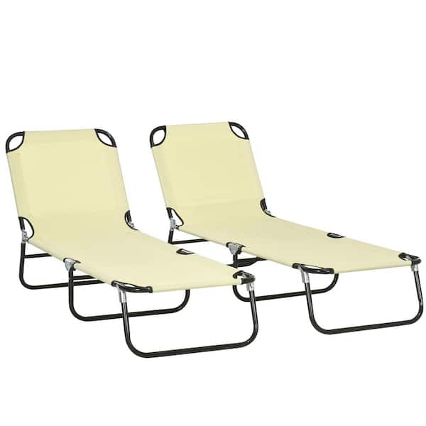 Outsunny Metal Outdoor Folding Chaise Lounge Pool Chairs, Sun Tanning Chairs, 5-Position Reclining Back in Beige (Set of 2)