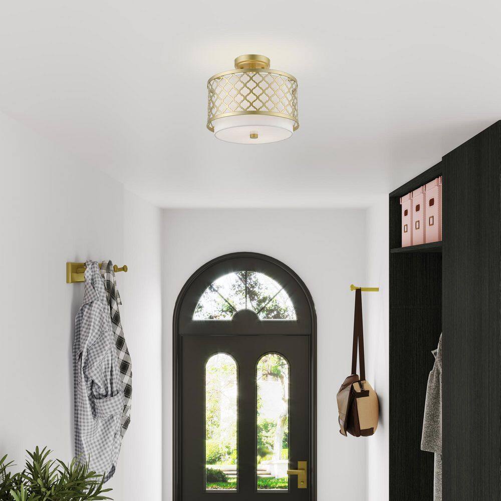 Arabesque Soft Gold Drum Semi-Flush Mount with Off-White Shade