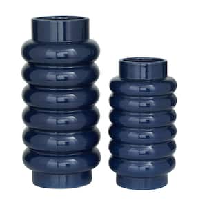 Dark Blue Ceramic Decorative Vase with Stacked Ring Design (Set of 2)
