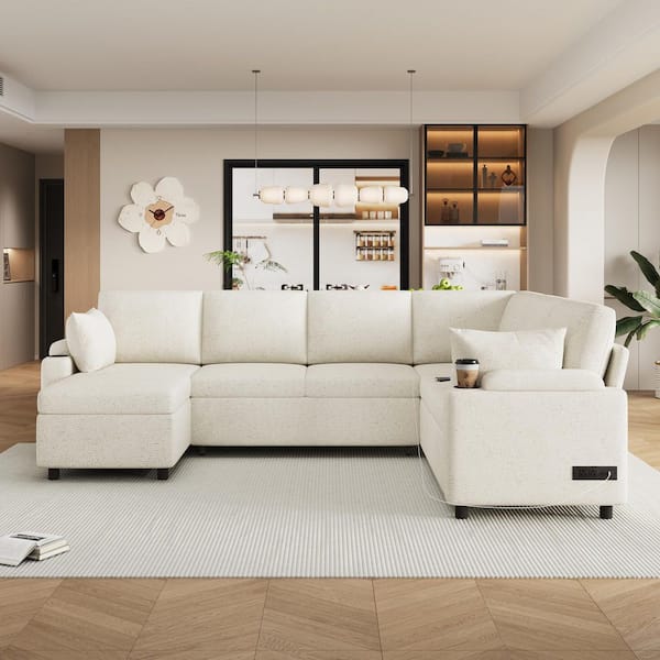 110 in. U-Shaped Chenille 5-Seat Sectional Sofa in Beige with Storage Chaise, Cup Holders and Charging Ports