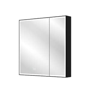 30 in. W x 30 in. H Rectangular Black Aluminum Recessed/Surface Mount LED Medicine Cabinet with Mirror,Outlet,Soft Close