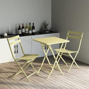 3-Piece Metal Outdoor Bistro Patio Bistro Set of Foldable Square Table and Chairs Coffee Table Set in Yellow