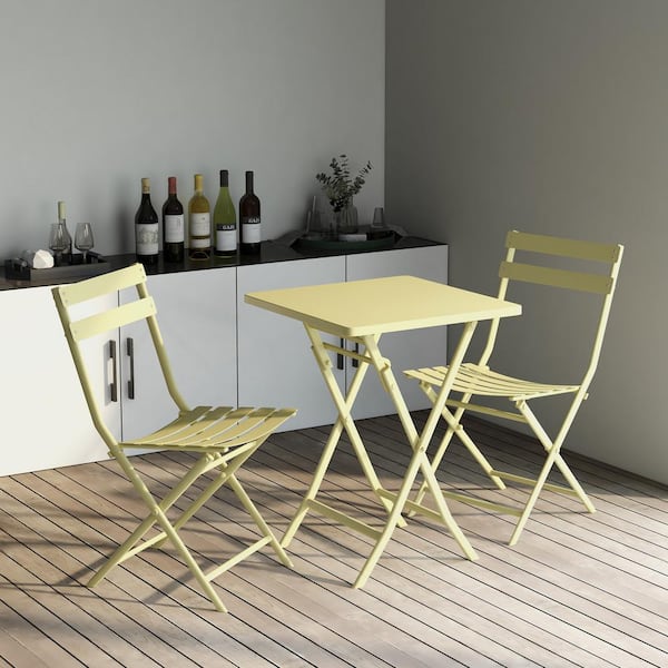 Runesay 3-Piece Metal Outdoor Bistro Patio Bistro Set of Foldable Square Table and Chairs Coffee Table Set in Yellow