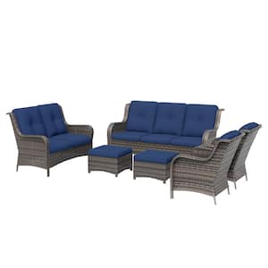 6-Piece Steel Outdoor Patio Conversation Seating Set Backyard Garden with Blue Cushions