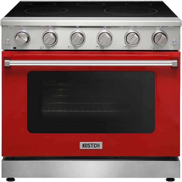 36 in. 5 Elements Freestanding Electric Range in Stainless Steel with 6.0 cu. ft. True Convection and Red Oven Door