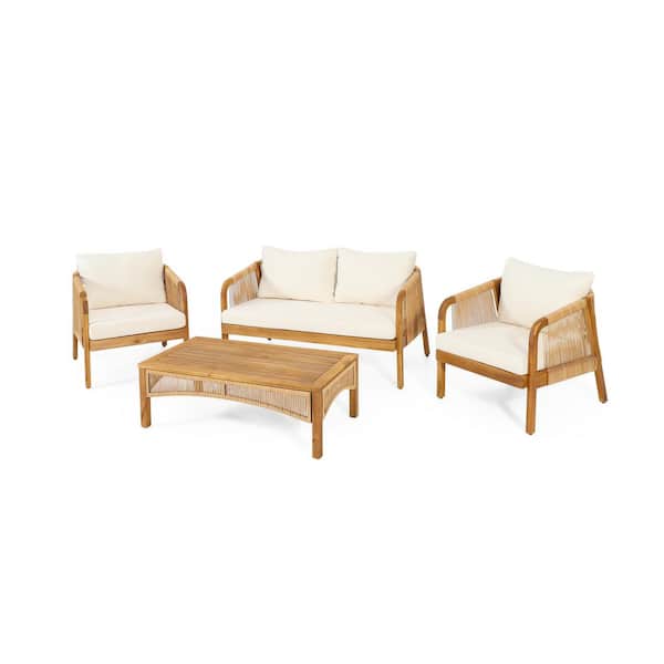 Brown 4-Piece Wood Deep Seating Patio Conversation Set with Beige Cushions